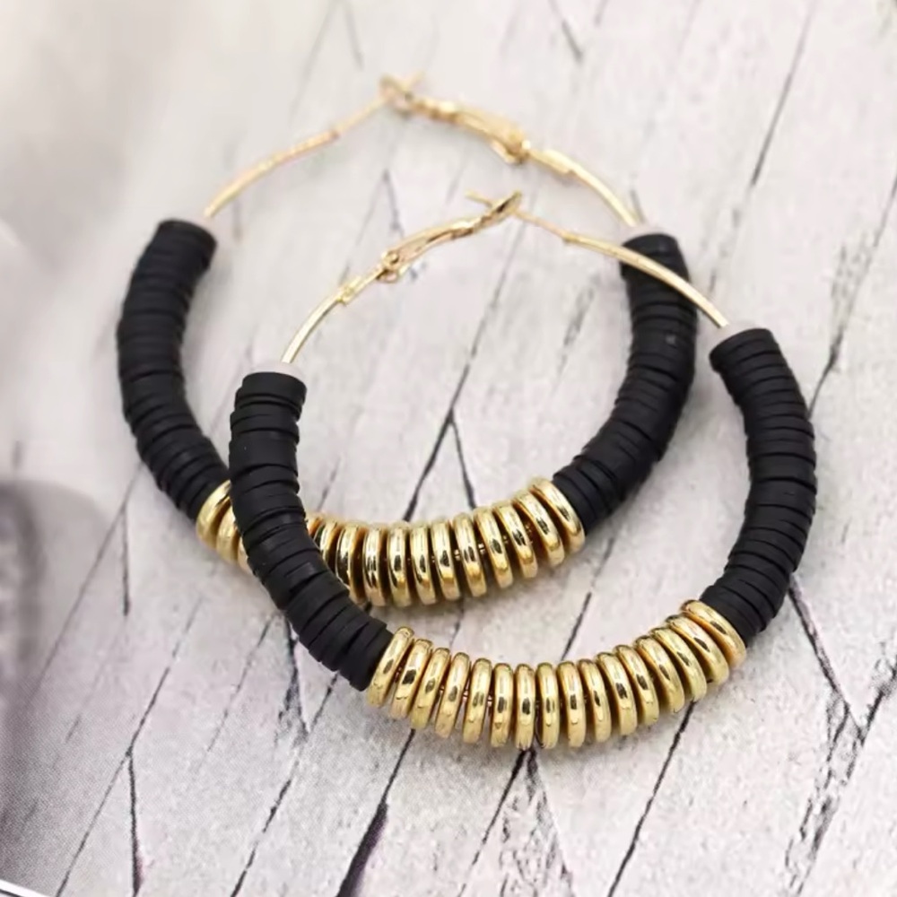 Gold and Black Beaded Hoop Earrings!